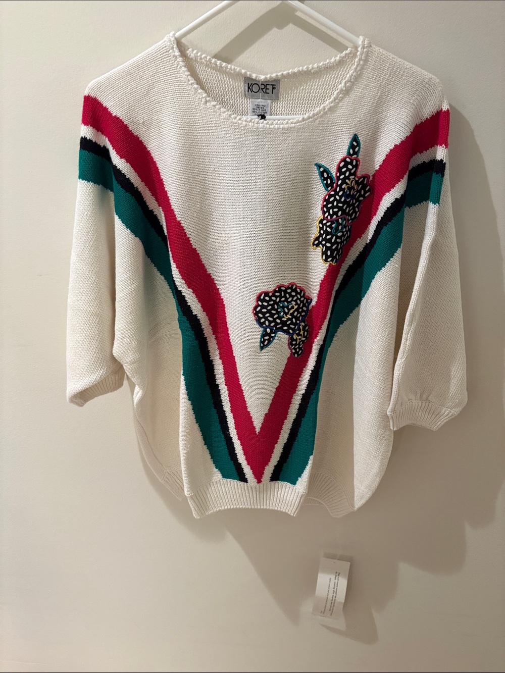 Koret Cream Crewneck Sweater with Pink and Teal Chevron Stripes